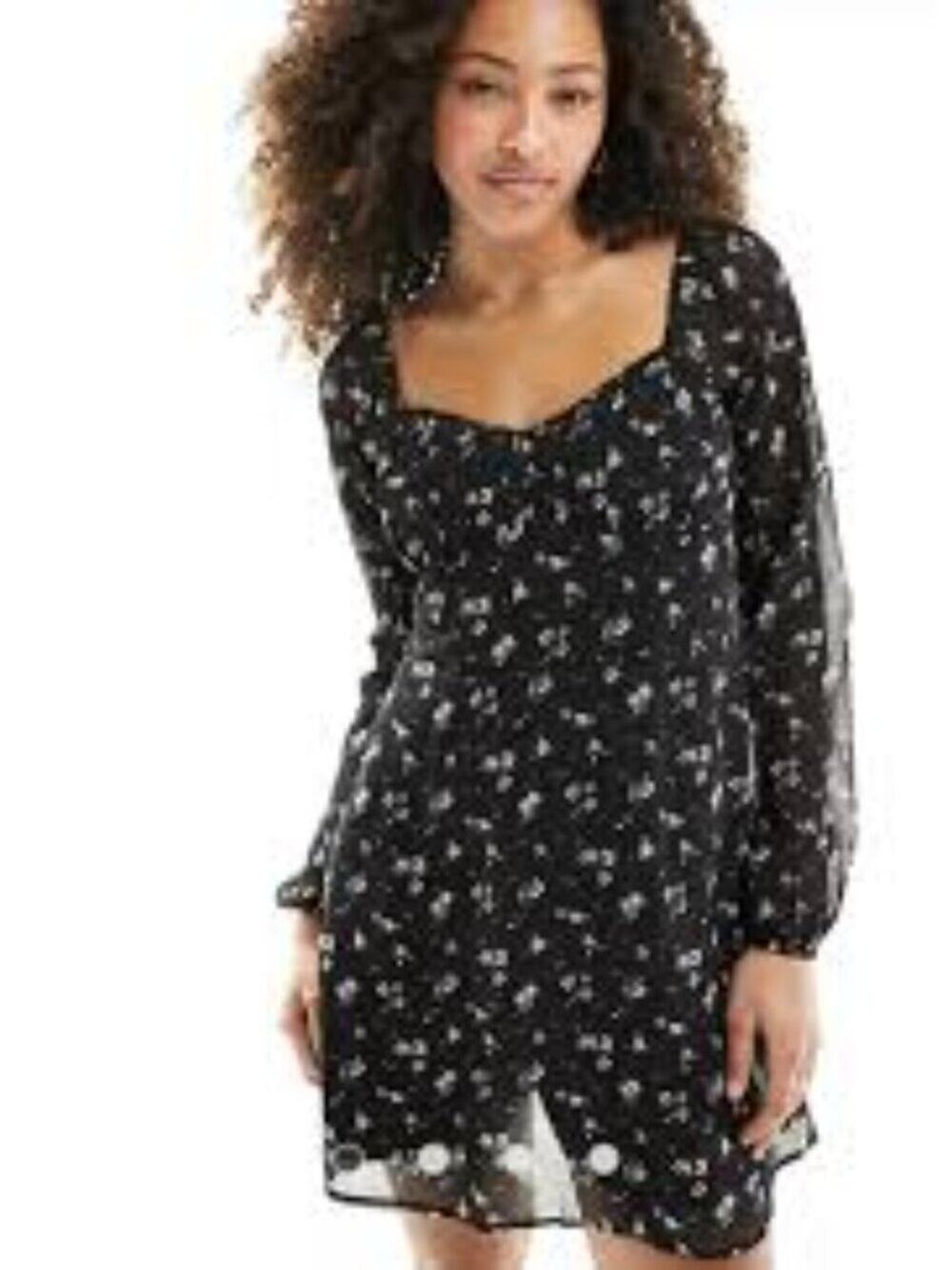 Hollister Black Floral Sheer Long-Sleeve Milkmaid Boho Neutral Dress Size M
